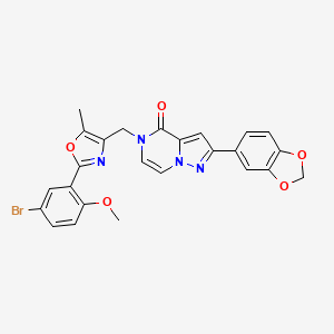 molecular formula C25H19BrN4O5 B2781107 2-(benzo[d][1,3]dioxol-5-yl)-5-((2-(5-bromo-2-methoxyphenyl)-5-methyloxazol-4-yl)methyl)pyrazolo[1,5-a]pyrazin-4(5H)-one CAS No. 1286443-51-3