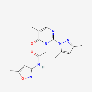 molecular formula C17H20N6O3 B2781113 2-(2-(3,5-二甲基-1H-吡唑-1-基)-4,5-二甲基-6-氧代嘧啶-1(6H)-基)-N-(5-甲基异噁唑-3-基)乙酰胺 CAS No. 1002429-02-8