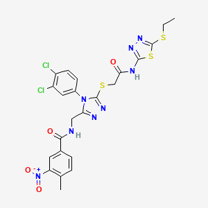 molecular formula C23H20Cl2N8O4S3 B2781165 N-((4-(3,4-dichlorophenyl)-5-((2-((5-(ethylthio)-1,3,4-thiadiazol-2-yl)amino)-2-oxoethyl)thio)-4H-1,2,4-triazol-3-yl)methyl)-4-methyl-3-nitrobenzamide CAS No. 391941-24-5