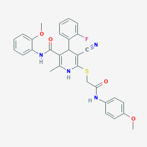 molecular formula C30H27FN4O4S B2781179 5-cyano-4-(2-fluorophenyl)-6-[2-(4-methoxyanilino)-2-oxoethyl]sulfanyl-N-(2-methoxyphenyl)-2-methyl-1,4-dihydropyridine-3-carboxamide CAS No. 442557-54-2