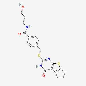 B2781255 N-(3-hydroxypropyl){4-[(4-oxo(3,5,6,7-tetrahydrocyclopenta[1,2-d]pyrimidino[4, 5-b]thiophen-2-ylthio))methyl]phenyl}carboxamide CAS No. 433700-37-9