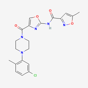 molecular formula C20H20ClN5O4 B2781278 N-(4-(4-(5-chloro-2-methylphenyl)piperazine-1-carbonyl)oxazol-2-yl)-5-methylisoxazole-3-carboxamide CAS No. 1421517-40-9