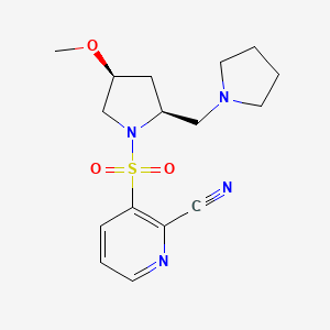 molecular formula C16H22N4O3S B2781330 3-[(2S,4S)-4-Methoxy-2-(pyrrolidin-1-ylmethyl)pyrrolidin-1-yl]sulfonylpyridine-2-carbonitrile CAS No. 2223072-60-2