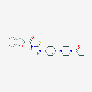molecular formula C23H24N4O3S B278134 N-[[4-(4-propanoylpiperazin-1-yl)phenyl]carbamothioyl]-1-benzofuran-2-carboxamide 