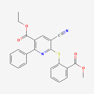 molecular formula C23H18N2O4S B2781499 Ethyl 5-cyano-6-((2-(methoxycarbonyl)phenyl)sulfanyl)-2-phenylnicotinate CAS No. 306980-26-7