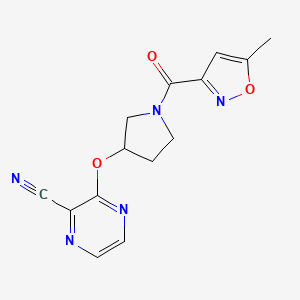 molecular formula C14H13N5O3 B2781662 3-((1-(5-甲基异噁唑-3-羧酰)吡咯啉-3-基)氧基)吡嗪-2-羧腈 CAS No. 2034576-05-9