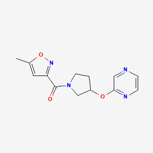molecular formula C13H14N4O3 B2781700 (5-Methylisoxazol-3-yl)(3-(pyrazin-2-yloxy)pyrrolidin-1-yl)methanone CAS No. 2034396-05-7