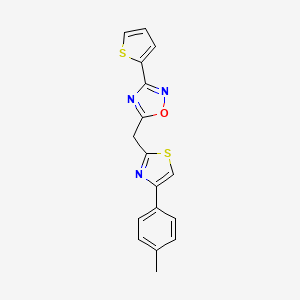 molecular formula C17H13N3OS2 B2781992 3-(Thiophen-2-yl)-5-((4-(p-tolyl)thiazol-2-yl)methyl)-1,2,4-oxadiazole CAS No. 1251674-41-5