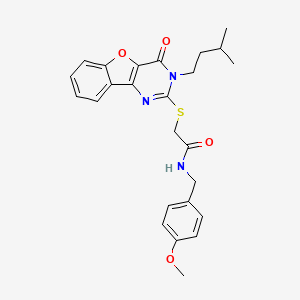 molecular formula C25H27N3O4S B2782092 N-(4-methoxybenzyl)-2-{[3-(3-methylbutyl)-4-oxo-3,4-dihydro[1]benzofuro[3,2-d]pyrimidin-2-yl]sulfanyl}acetamide CAS No. 899961-37-6