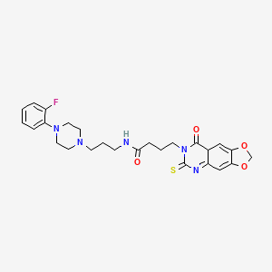 molecular formula C26H30FN5O4S B2782160 N-{3-[4-(2-fluorophenyl)piperazin-1-yl]propyl}-4-{8-oxo-6-sulfanylidene-2H,5H,6H,7H,8H-[1,3]dioxolo[4,5-g]quinazolin-7-yl}butanamide CAS No. 688054-32-2