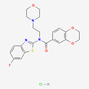 molecular formula C22H23ClFN3O4S B2782196 N-(6-fluorobenzo[d]thiazol-2-yl)-N-(2-morpholinoethyl)-2,3-dihydrobenzo[b][1,4]dioxine-6-carboxamide hydrochloride CAS No. 1215528-31-6