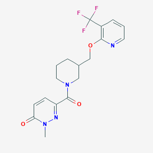 molecular formula C18H19F3N4O3 B2782288 2-Methyl-6-[3-[[3-(trifluoromethyl)pyridin-2-yl]oxymethyl]piperidine-1-carbonyl]pyridazin-3-one CAS No. 2379986-63-5