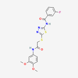 molecular formula C19H17FN4O4S2 B2782294 N-(5-((2-((3,4-dimethoxyphenyl)amino)-2-oxoethyl)thio)-1,3,4-thiadiazol-2-yl)-3-fluorobenzamide CAS No. 868973-80-2