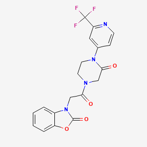 molecular formula C19H15F3N4O4 B2782345 3-[2-Oxo-2-[3-oxo-4-[2-(trifluoromethyl)pyridin-4-yl]piperazin-1-yl]ethyl]-1,3-benzoxazol-2-one CAS No. 2380191-30-8
