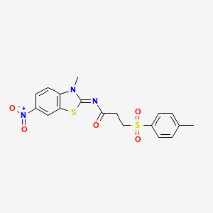 molecular formula C18H17N3O5S2 B2782348 (E)-N-(3-methyl-6-nitrobenzo[d]thiazol-2(3H)-ylidene)-3-tosylpropanamide CAS No. 895472-60-3