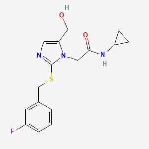 molecular formula C16H18FN3O2S B2782361 N-环丙基-2-(2-((3-氟苯甲基)硫代)-5-(羟甲基)-1H-咪唑-1-基)乙酰胺 CAS No. 921795-67-7
