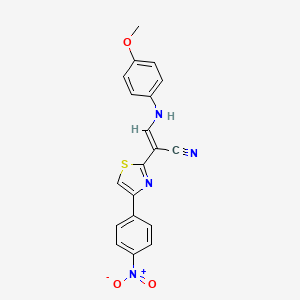molecular formula C19H14N4O3S B2782385 (E)-3-((4-methoxyphenyl)amino)-2-(4-(4-nitrophenyl)thiazol-2-yl)acrylonitrile CAS No. 372503-98-5