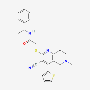 molecular formula C24H24N4OS2 B2782389 2-{[3-cyano-6-methyl-4-(2-thienyl)-5,6,7,8-tetrahydro[1,6]naphthyridin-2-yl]sulfanyl}-N-(1-phenylethyl)acetamide CAS No. 445265-89-4