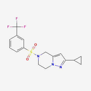 molecular formula C16H16F3N3O2S B2782404 2-Cyclopropyl-5-((3-(trifluoromethyl)phenyl)sulfonyl)-4,5,6,7-tetrahydropyrazolo[1,5-a]pyrazine CAS No. 2034294-38-5