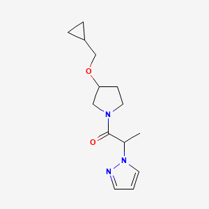 molecular formula C14H21N3O2 B2782411 1-(3-(cyclopropylmethoxy)pyrrolidin-1-yl)-2-(1H-pyrazol-1-yl)propan-1-one CAS No. 2034307-74-7