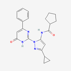 molecular formula C22H23N5O2 B2782449 N-(3-cyclopropyl-1-(6-oxo-4-phenyl-1,6-dihydropyrimidin-2-yl)-1H-pyrazol-5-yl)cyclopentanecarboxamide CAS No. 1207021-24-6