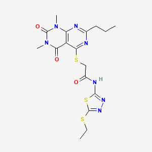 molecular formula C17H21N7O3S3 B2782504 2-((6,8-dimethyl-5,7-dioxo-2-propyl-5,6,7,8-tetrahydropyrimido[4,5-d]pyrimidin-4-yl)thio)-N-(5-(ethylthio)-1,3,4-thiadiazol-2-yl)acetamide CAS No. 852171-42-7