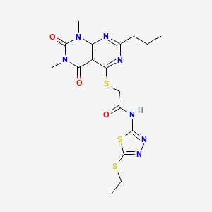 molecular formula C17H21N7O3S3 B2782504 2-((6,8-二甲基-5,7-二氧代-2-丙基-5,6,7,8-四氢嘧啶-4-基)硫)-N-(5-(乙硫基)-1,3,4-噻二唑-2-基)乙酰胺 CAS No. 852171-42-7