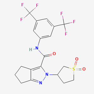 molecular formula C19H17F6N3O3S B2782545 N-(3,5-bis(trifluoromethyl)phenyl)-2-(1,1-dioxidotetrahydrothiophen-3-yl)-2,4,5,6-tetrahydrocyclopenta[c]pyrazole-3-carboxamide CAS No. 2320504-53-6