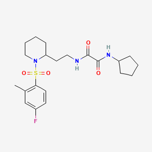 molecular formula C21H30FN3O4S B2782568 N1-cyclopentyl-N2-(2-(1-((4-fluoro-2-methylphenyl)sulfonyl)piperidin-2-yl)ethyl)oxalamide CAS No. 898461-42-2
