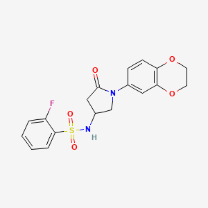 molecular formula C18H17FN2O5S B2782646 N-(1-(2,3-dihydrobenzo[b][1,4]dioxin-6-yl)-5-oxopyrrolidin-3-yl)-2-fluorobenzenesulfonamide CAS No. 905689-50-1