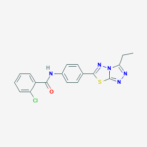 molecular formula C18H14ClN5OS B278265 2-chloro-N-[4-(3-ethyl[1,2,4]triazolo[3,4-b][1,3,4]thiadiazol-6-yl)phenyl]benzamide 