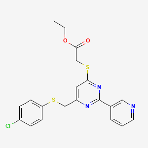 molecular formula C20H18ClN3O2S2 B2782684 Ethyl 2-{[6-{[(4-chlorophenyl)sulfanyl]methyl}-2-(3-pyridinyl)-4-pyrimidinyl]sulfanyl}acetate CAS No. 860609-60-5