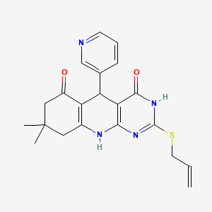 molecular formula C21H22N4O2S B2782706 2-(allylthio)-8,8-dimethyl-5-(pyridin-3-yl)-7,8,9,10-tetrahydropyrimido[4,5-b]quinoline-4,6(3H,5H)-dione CAS No. 627048-13-9