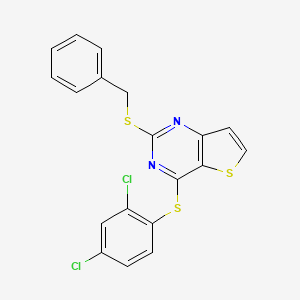 molecular formula C19H12Cl2N2S3 B2782724 2-(Benzylsulfanyl)-4-[(2,4-dichlorophenyl)sulfanyl]thieno[3,2-d]pyrimidine CAS No. 339018-96-1