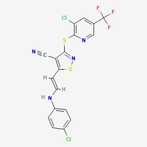 molecular formula C18H9Cl2F3N4S2 B2782728 5-(2-(4-Chloroanilino)vinyl)-3-((3-chloro-5-(trifluoromethyl)-2-pyridinyl)sulfanyl)-4-isothiazolecarbonitrile CAS No. 338413-04-0