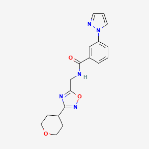 molecular formula C18H19N5O3 B2782797 3-(1H-pyrazol-1-yl)-N-((3-(tetrahydro-2H-pyran-4-yl)-1,2,4-oxadiazol-5-yl)methyl)benzamide CAS No. 2034421-16-2