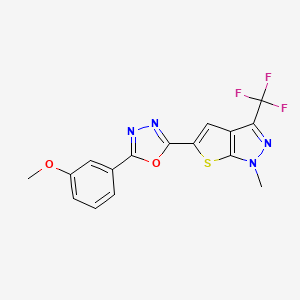 molecular formula C16H11F3N4O2S B2782883 盐酸甲基3-{5-[1-甲基-3-(三氟甲基)-1H-噻吩[2,3-c]吡唑-5-基]-1,3,4-噁二唑-2-基}苯基醚 CAS No. 338747-63-0