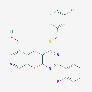 molecular formula C25H19ClFN3O2S B2782899 (7-{[(3-Chlorophenyl)methyl]sulfanyl}-5-(2-fluorophenyl)-14-methyl-2-oxa-4,6,13-triazatricyclo[8.4.0.0^{3,8}]tetradeca-1(10),3(8),4,6,11,13-hexaen-11-yl)methanol CAS No. 892417-63-9