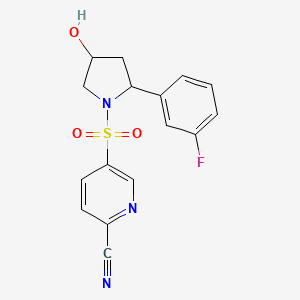 molecular formula C16H14FN3O3S B2782969 5-[2-(3-Fluorophenyl)-4-hydroxypyrrolidin-1-yl]sulfonylpyridine-2-carbonitrile CAS No. 2108971-74-8