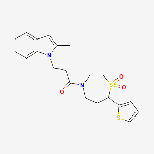 molecular formula C21H24N2O3S2 B2783039 1-(1,1-二氧代-7-(噻吩-2-基)-1,4-噻吩并[4,3-d]噻嗪-4-基)-3-(2-甲基-1H-吲哚-1-基)丙酮 CAS No. 2034422-09-6