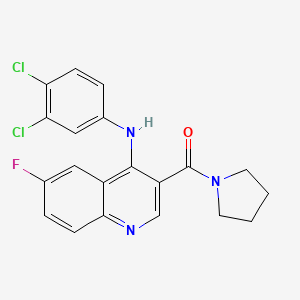 molecular formula C20H16Cl2FN3O B2783101 (4-((3,4-Dichlorophenyl)amino)-6-fluoroquinolin-3-yl)(pyrrolidin-1-yl)methanone CAS No. 1358267-20-5