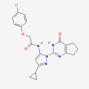 molecular formula C21H20ClN5O3 B2783103 2-(4-chlorophenoxy)-N-(3-cyclopropyl-1-(4-oxo-4,5,6,7-tetrahydro-3H-cyclopenta[d]pyrimidin-2-yl)-1H-pyrazol-5-yl)acetamide CAS No. 1226434-29-2