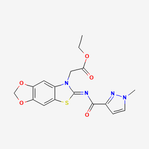 molecular formula C17H16N4O5S B2783139 (Z)-乙酸乙酯 2-(6-((1-甲基-1H-吡唑-3-甲酰)亚胺)-[1,3]二氧杂环[4',5':4,5]苯并[1,2-d]噻唑-7(6H)-基)乙酸酯 CAS No. 1173454-05-1