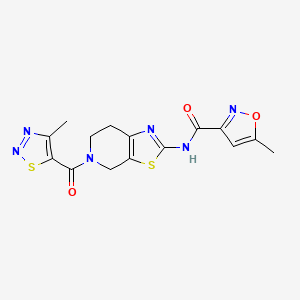 molecular formula C15H14N6O3S2 B2783193 5-甲基-N-(5-(4-甲基-1,2,3-噻二唑-5-羰基)-4,5,6,7-四氢噻唑并[5,4-c]吡啶-2-基)异噁唑-3-甲酰胺 CAS No. 1396877-85-2