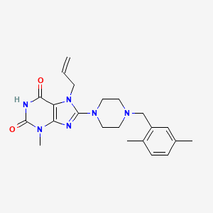 molecular formula C22H28N6O2 B2783207 8-[4-((2,5-二甲基苯基)甲基)哌嗪-1-基]-3-甲基-7-丙-2-烯基嘌呤-2,6-二酮 CAS No. 878430-16-1
