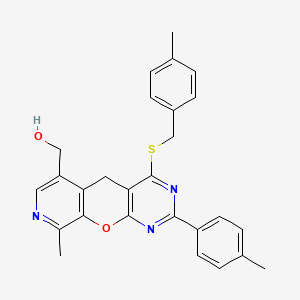 molecular formula C27H25N3O2S B2783213 (9-methyl-4-((4-methylbenzyl)thio)-2-(p-tolyl)-5H-pyrido[4',3':5,6]pyrano[2,3-d]pyrimidin-6-yl)methanol CAS No. 892414-83-4