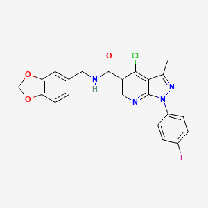 molecular formula C22H16ClFN4O3 B2783222 N-(benzo[d][1,3]dioxol-5-ylmethyl)-4-chloro-1-(4-fluorophenyl)-3-methyl-1H-pyrazolo[3,4-b]pyridine-5-carboxamide CAS No. 1021093-92-4