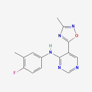 molecular formula C14H12FN5O B2783240 N-(4-fluoro-3-methylphenyl)-5-(3-methyl-1,2,4-oxadiazol-5-yl)pyrimidin-4-amine CAS No. 2034510-27-3