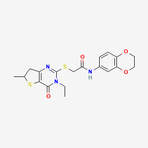 molecular formula C19H21N3O4S2 B2783288 N-(2,3-dihydrobenzo[b][1,4]dioxin-6-yl)-2-((3-ethyl-6-methyl-4-oxo-3,4,6,7-tetrahydrothieno[3,2-d]pyrimidin-2-yl)thio)acetamide CAS No. 851409-45-5