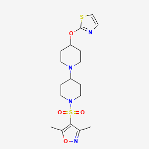 B2783349 3,5-Dimethyl-4-((4-(thiazol-2-yloxy)-[1,4'-bipiperidin]-1'-yl)sulfonyl)isoxazole CAS No. 1797146-54-3